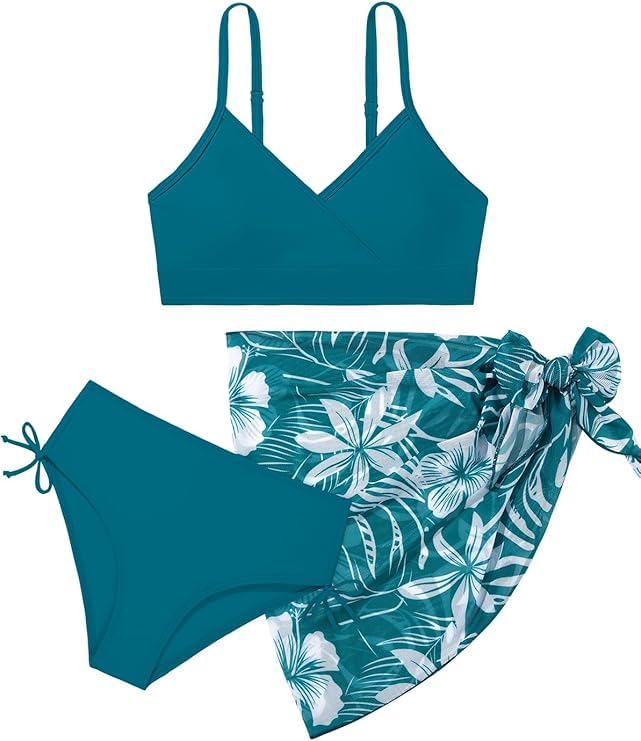 Image of Girls Swimsuit V Neck Bikini Set Color Block with Cover Up Skirt 3 Piece Bathing Suits Tween Swimwear 9-16 Years