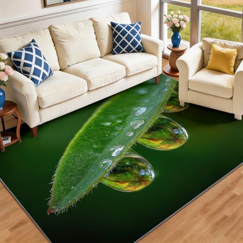para Salón y Dormitorio Amantes De La Naturaleza, Alfombra Antideslizante Lavable de Pelo Corto, Diseño Estilo Botánico Hojas Verdes Gotas De Agua, Tamaño 140 x 200 cm, Verde