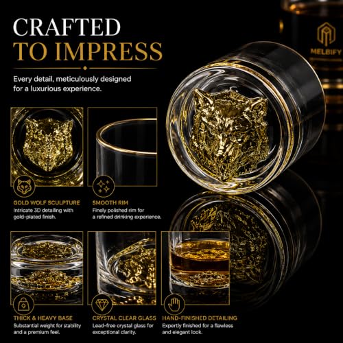 Image of Melbify Gold Wolf Whiskey Glass Gift Set | 2 pcs Set | 300 ml | Premium Packing | Gift Box | Gold-Bottomed | Imported | Luxurious | Ideal for Wedding Gifts, Anniversary, VIP and Corporate Gifts