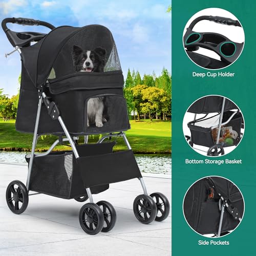 YITAHOME Haustierbuggy für mittelgroße Hunde, 4-Rad-Hundebuggy mit Aufbewahrungskorb, faltbarer Haustier-Reisewagen mit Getränkehalter und Aufbewahrungskorb (Schwarz)