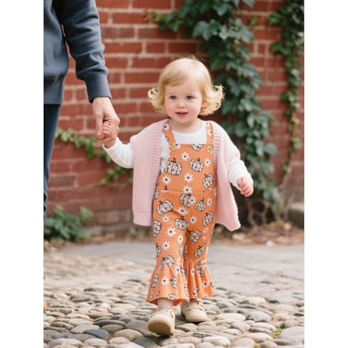 Noubeau Toddler Baby Girls Halloween Outfit Pumpkin Dot Suspender Romper Jumpsuit Bell-Bottom Pants Fall Girl Clothes3
