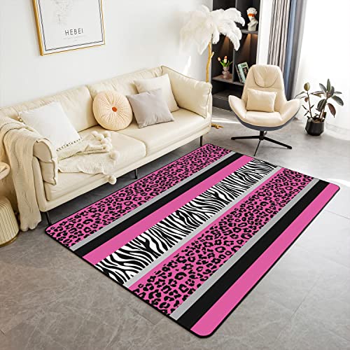 Alfombra de sala de estar de leopardo, 100 x 150 cm, diseño de rayas rosas, negras y blancas, para interiores de guepardo, antideslizante, con estampado de cebra, animal de safari, alfombra antidesli