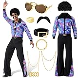 Cheffery 70er Jahre Disco Kostüm Männer Set, 10 Stücks Hippie Kostüm Herren mit Hemd Schlaghose Afro Perücke und Zubehör, Retro Hippie Outfit Männer für 60er70er80er Disco Karneval Mottoparty (L)