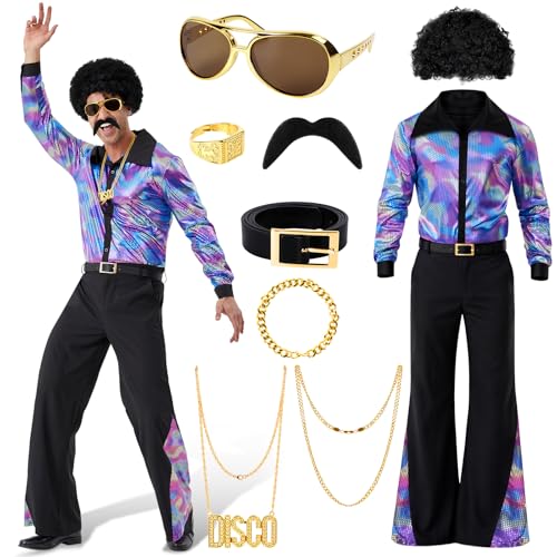 Cheffery Disfarce de discoteca dos anos 70, 10 peças disfarce disco homem com peruca camisa calças de sino e acessórios, disfarce hippie homem para carnaval 60 70 80 festa temática (M)