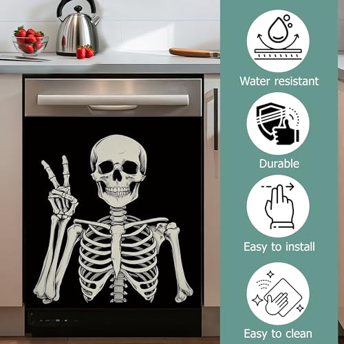 Image of Halloween Skeleton Refrigerator Magnet Cover,Gothic Smiling Skull Washable Dishwasher Magnets Decorative Cover,Home Kitchen Decorative Dishwasher Front Panel Cover 23x26 Inch