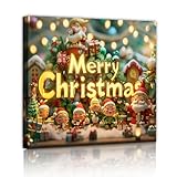 おとぎ話のテーマキャンバスウォールアートサンタとエルフのアートワーク写真リビングルームキッチン暖炉ホームデコレーションクリスマスホリデーウォールデコレーション60x60cmインナーフレーム