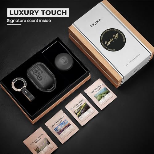 Image of Keyzone Premium Leather Key Cover & AC Vent Car Perfume Combo (4 Fragrances) | Compatible for Suzuki Victoris, Dzire, Ertiga 3 Button Smart Key. (Black)