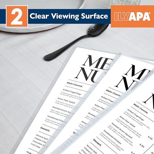 Image of Ilyapa Restaurant Menu Covers 11 x 17 Inch - 30 Pack, Single Page, 2 View Clear Menu Holder Sleeves, Durable PVC Sheet Protector to Cover Inserts | Durable PVC Plastic Sheet Protector, For Restaurant Menu Display, Double-Stitched Edges
