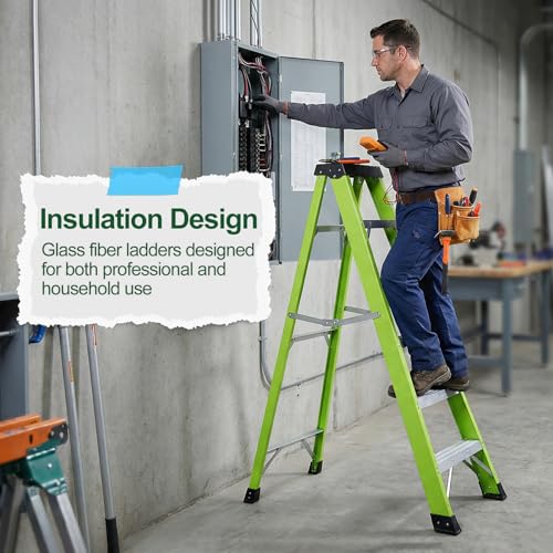 Image of Fiberglass Ladder, Single-Sided Stepladder for Electrical Engineering Ladder Construction with a Load Capacity of 330 pounds (3 Step-Green)