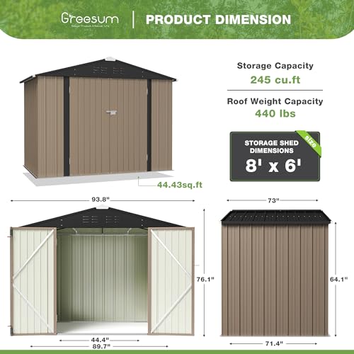 Image of Greesum Outdoor Storage Shed 6 x 8 ft. Utility Tool Shed Metal Storage Garden Shed with Door & Lock for Patio Storage, Brown