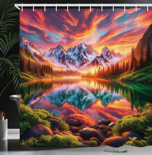 Ambesonne Lake Shower Curtain, Colorful Mesmerizing Scenery Sunset Reflections Dramatic