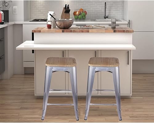 Miniatura 67 de GIA Taburete de mostrador sin respaldo de 24 pulgadas, cantidad de 4, bronce con asiento de madera clara Negro -,Café,Gris,gris, (Gun