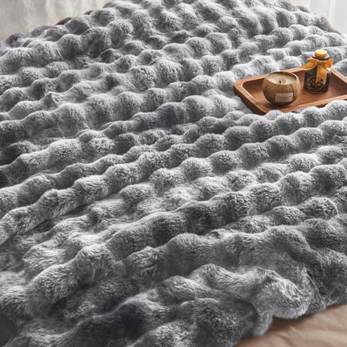 Image of EMME Faux Rabbit Fur Bubble Queen Blanket, Tie Dye Grey 90 inch x 90 inch