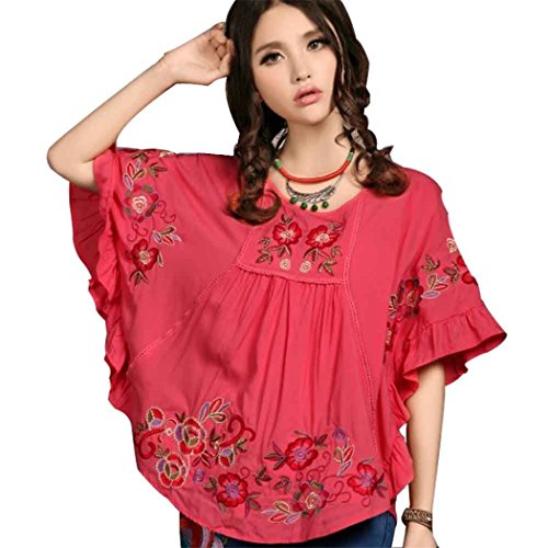 Kafeimali Women's Tops Embroidered Loose Peasant Mexican Blouse Shirt