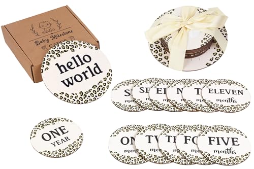 Sursurprise Leopard Print Milestone Cards, Baby Monthly Milestone Markers, Wooden Milestone Cards, 13PCS Leopard Print Double Sided Hello World Newborn 1-12 Months Circles Discs Signs Props