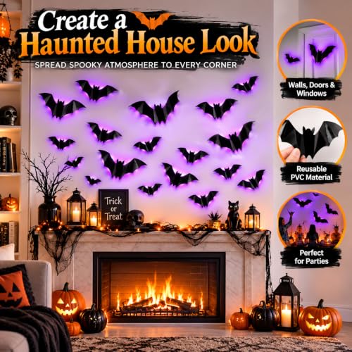 36 Pack LED Halloween Bat Decorations, Light Up 3D Bat Wall Decor, Glowing PVC Bat Stickers in 3 Sizes, Removable Halloween Decorations for Indoor Outdoor Walls, Windows, Party, Haunted House (Black) - image 3