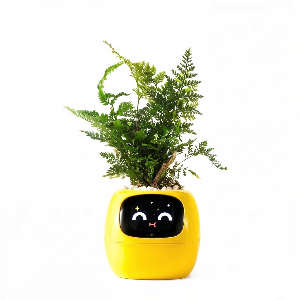 PLANTSIO Ivy - Vaso da fiori intelligente per la decorazione della casa, compagno di piante, robot da scrivania, idea regalo per la cura delle piante, con emoji Pet Friends (giallo)