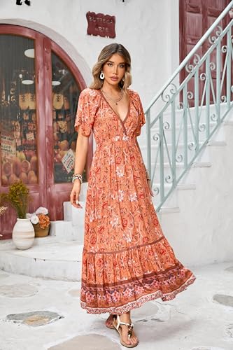 Image of R.Vivimos Women's Summer V Neck Maxi Dress Boho Floral Print Short Sleeve Elastic Waist Ruffle Patchwork A-Line Beach Dress