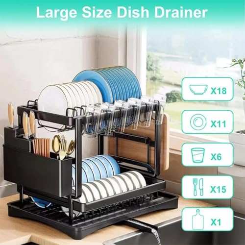Image of HomeCloud 2-Tier Kitchen Dish Drying Rack & Drainer | Large Capacity Dish Stand with 360 Flexible Drainage System, Removable Drip Tray, Cutlery Holder & Cup Organizer for Countertop (Dark Black)