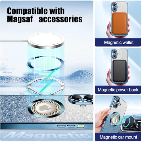 Image of Misscase for iPhone 16 Magnetic Glitter Case Compatible with MagSafe,Full Protection Slim Shockproof Anti-Scratch Case with Camera Lens Protector Logo View Dust-Proof Net for Women Blue