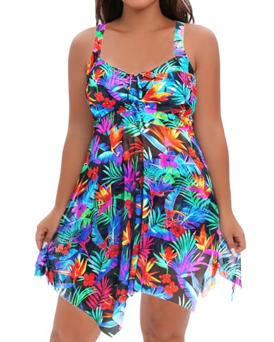 Image of Daci Plus Size Two Piece Swim Dress with Shorts for Women Mesh Swimsuits Flowy Bathing Suits