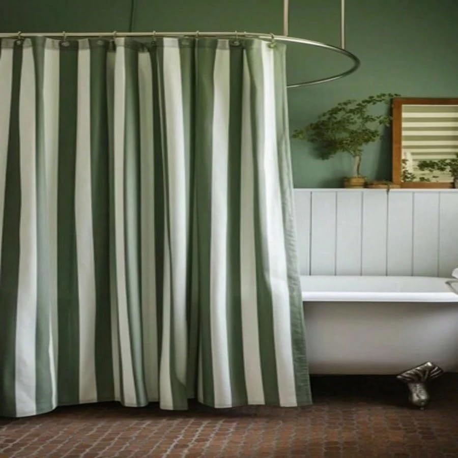 Rideau de douche rustique rayures vertes et blanches 92x182 cm