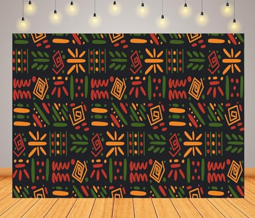 BELECO 8x6ft Fabric African Clash Ethnic Tribal Backdrop Red, Yellow, Green Symbols, Square Repeat Lines Backdrop for Black History Month, Juneteenth, Kwanzaa Background Banner Photo Studio Props