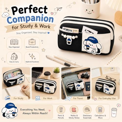 Image of Cute Aesthetic Pencil Case for Girls & Boys | 3 Layer 6 Compartment Large Capacity Pencil Pouch with Zipper | Cartoon Stationery Organizer Bag for Students & Kids (Black)