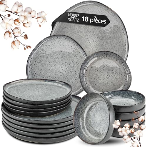 Moritz & Moritz ORGANIC Ensemble de vaisselle 18 pièces Gris - élégant service de vaisselle en grès de haute qualité - Service de table 6 personnes avec 6x assiettes à dîner, 6x assiettes à dessert