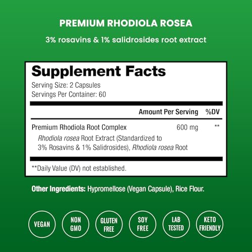 Rhodiola Rosea Supplement 600mg | 120 Vegan Capsules | Rhodiola Rosea Extract for Energy, Stress Relief, Mood and Focus | Adaptogenic Root with Rosavin & Salidrosides | 300mg Pills by NutraChamps