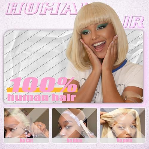 Image of Farblick 613 Bob Wig Human Hair With Bangs Wear and go Glueless Wig Human Hair 12inch Straight Wig 180% Density Blonde wig with bangs for Women