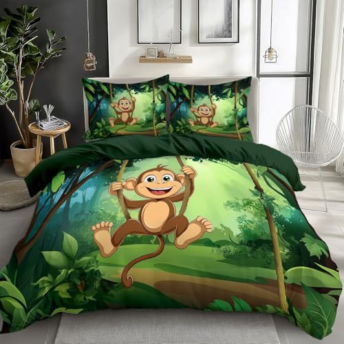 Printed Single Duvet Cover, Cartoon Monkey Jungle Plants Pattern Print Microfibre Duvet Cover Set Reversible, 2 Pcs Bedding Set with Zipper + 1 Pillowcases 40x60 cm, Forest Green