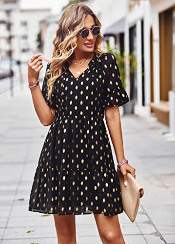Dirass Babydoll Dress Womens Summer Beach Casual Gold Polka Dot A-Line Swing Ruffle Black Mini Dress #TOP1