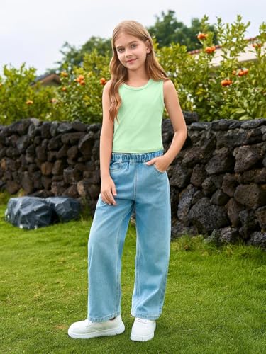 Image of Haloumoning Girls Tank Tops Kids Athletic Ribbed Knit Sleeveless Crop Tops Basic Camisole 5-14 Years