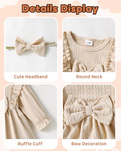Mioglrie Baby Toddler Girls Dress Toddler Girls Long Ruffle Sleeve Dresses 12-18 Months Dresses Baby Girl Clothes Fall Winter Outfits Off-White Dress