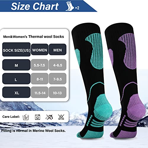 Image of Merino Wool Ski Socks 2 Pairs, Thermal Knee High Warm Socks for Snowboarding, Hiking, Cold Weather, Snow, Hunting