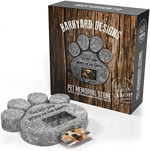 You Left Paw Prints On Our Hearts' Paw Print Pet Memorial Stone, Grave Marker with Customizable Photo Frame Slot, Loss Of Pet Gift, Personalized Dog or Cat Memorial Headstone, 21 x 20.5 x 4cm