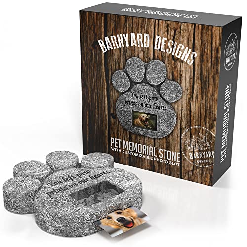 You Left Paw Prints On Our Hearts' Paw Print Pet Memorial Stone, Grave Marker With Customizable Photo Frame Slot, Loss Of Pet Gift, Personalized Dog Memorial Headstone, 8.25” X 8” X 1.5” #TOP4