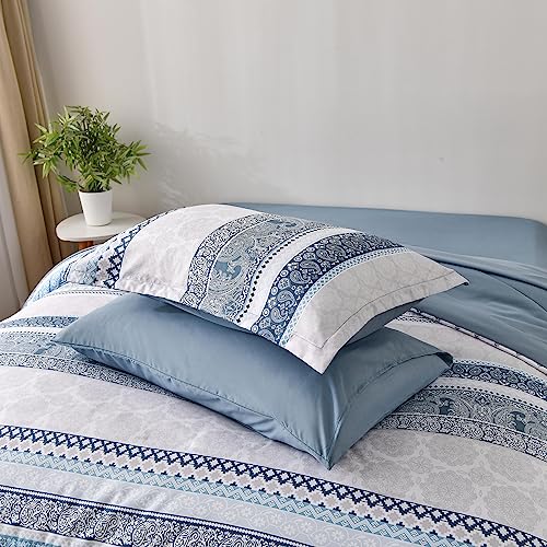 Image of Cottolester Boho Comforter Set Queen Size Light Blue Comforter Set 8 Piece Bed in a Bag Paisley Floral Bedding Sets All Season