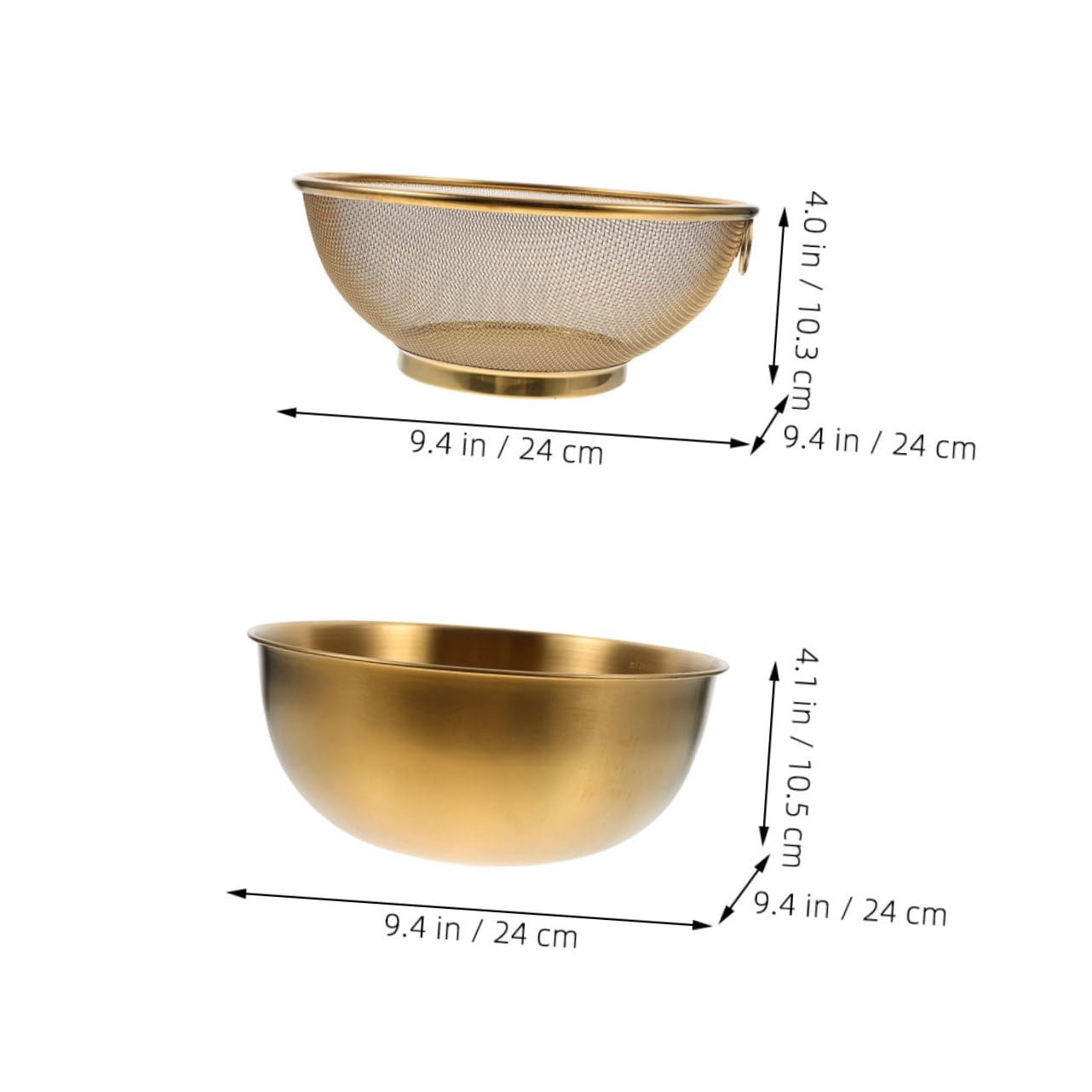 Colador de Malla Fina y Cesta de Drenaje 24 Cm de Acero Inoxidable Dorado para Lavar Arroz y Frutas, Práctico para Cocina y Lavado de Verduras, Juego de 2 Piezas
