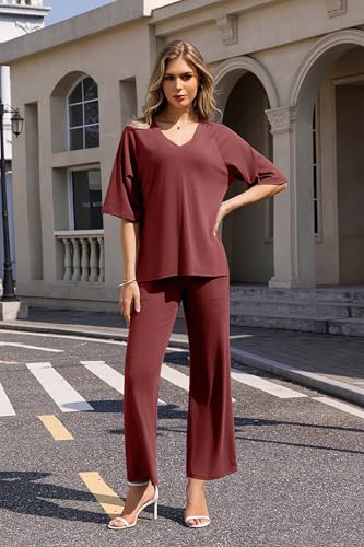 Image of difficort 2 Piece Lounge Sets for Women Summer Outfits Vacation Loungewear | Knit Raglan Short Sleeve Wide Leg pant with Pockets