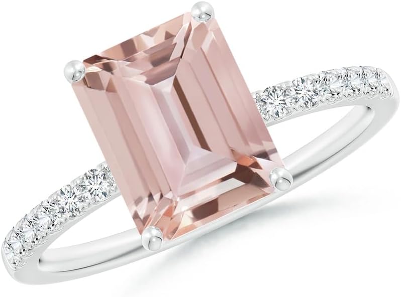 Lab-Grown Emerald-Cut Pink Morganite Engagement Ring with Lab Diamonds Side Stone Halo Engagement Ring 14k White Gold Plated 925 Sterling Silver