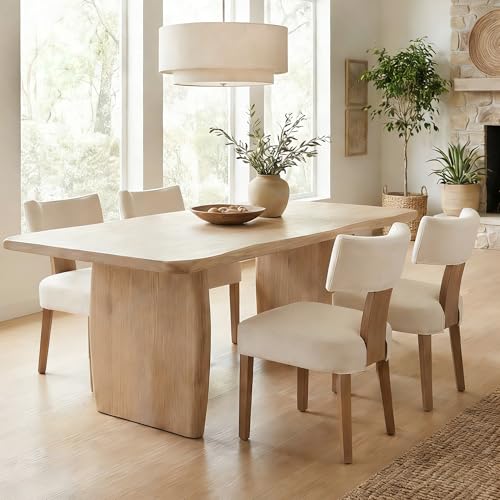Image of HNY Mid Century Modern Dining Chairs Set of 4 with Seat Covers, Farmhouse Linen Fabric Upholstered Accent Chairs Curved Backrest Kitchen Chairs, with Hardwood Frame, Beige