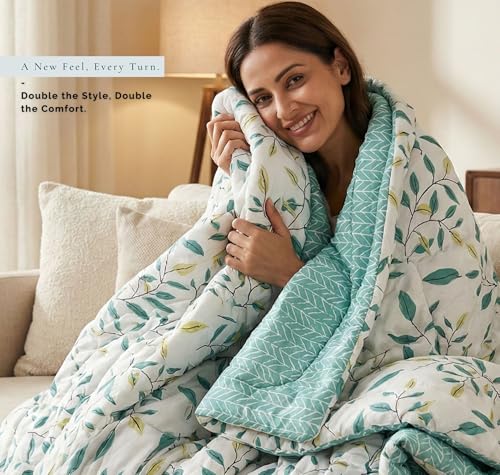 Image of VAS COLLECTIONS Cloud Cotton Reversible AC Comforter for Double Bed | Super Soft 220 GSM Quilt /Duvet /Dohar | Lightweight All-Season Comforter | 88 x 90 Inches (1 Piece) (Cream, Green)