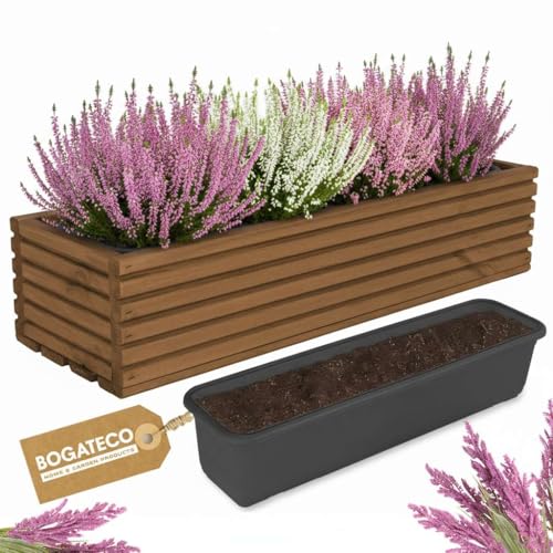 BOGATECO Blumenkasten aus Holz | Pflanzkasten | Blumentopf 64 x 20 x 14,5cm | Kräutertopf für zu Hause Garten Balkon Terrasse | Topf mit Kunststoffeinsatz | Imprägniert | Dunkelbraun