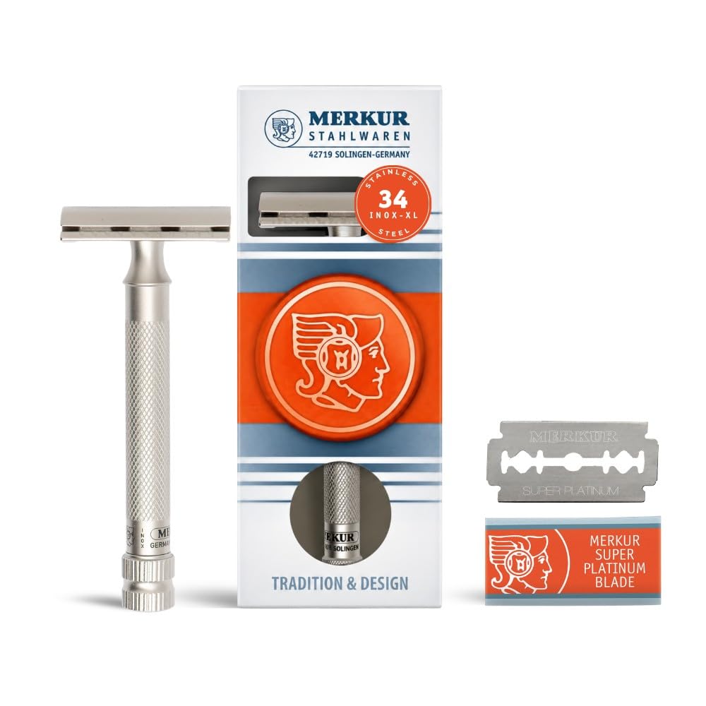 MERKUR 34 INOX XL - Rasoio di sicurezza da uomo a doppia lama in acciaio inox satinato con manico lungo e pettine chiuso, prodotto in Germania, senza plastica