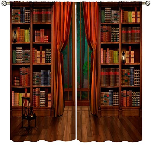 Bookshelf Curtains, Vintage Library with Books Window Treatments for Kids Bedroom, Wooden Wooden Antique Bookcase Drapes 2 Panel Sets,42x45 Inch