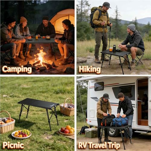 HOMGEN Mesa portátil de camping plegable ajustable altura 15-21.6 pulg, aluminio estable, mesa pequeña con barra lateral para colgar, 34.7 x 15 pulg superficie miniatura 4