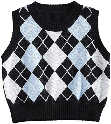 ZAFUL Women's V-Neck Sweater Vest Sleeveless Houndstooth Pullover Knitted Sweater (1-Argyle Black, M)