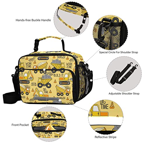 Boenle Truck Lunch Box Boys Yellow Excavator Insulated Lunch Bag Kids Reusable Cooler Tote Shoulder Strap For School Picnic Travel Office #TOP2